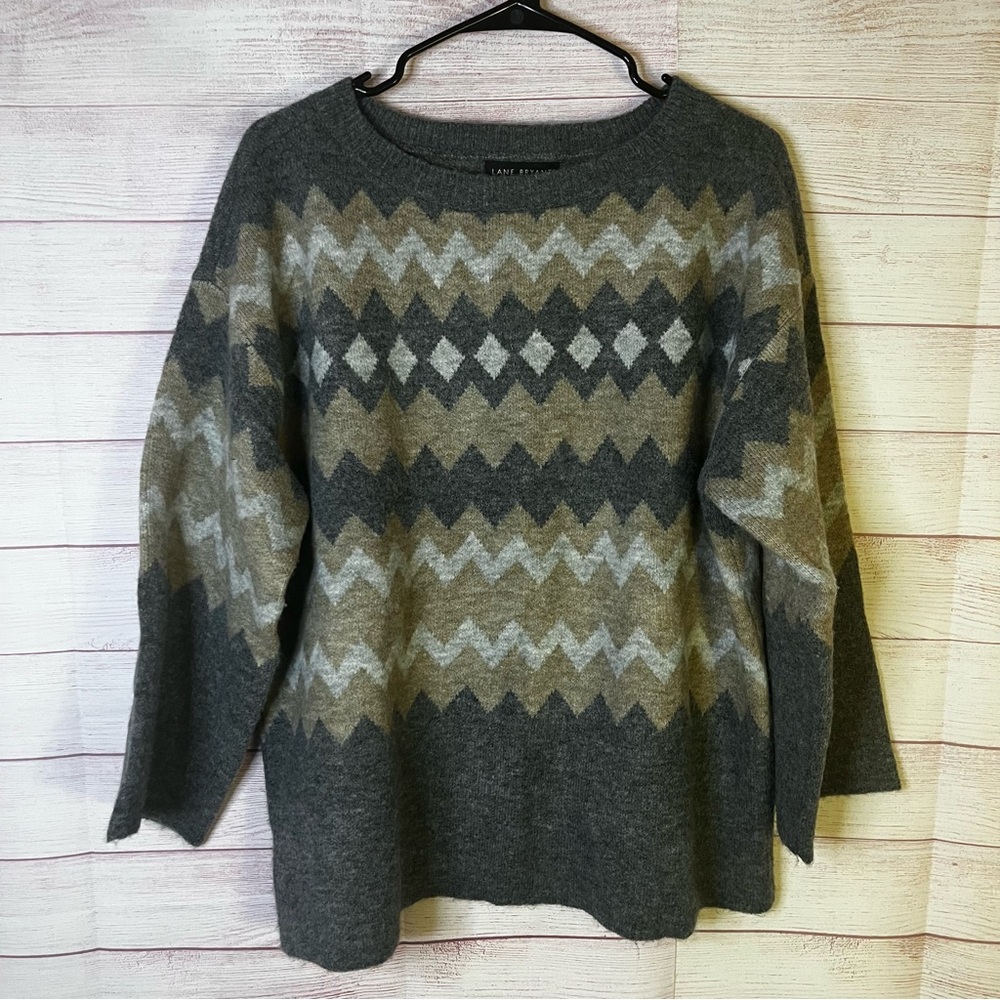 Lane Bryant Wool Blend Gray Bracelet Sleeve Fair Isle Boatneck Sweater 14/16